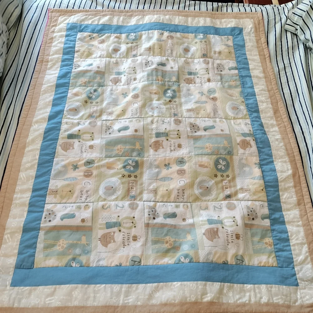 Reversible Unisex Cute Baby Bear Blue Tan Crib Quilt Pink Lime Green